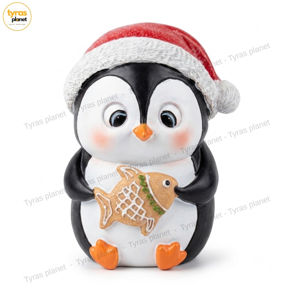 Christmas Penguin Figurine Santa Hat Holding Fish Holiday Decor